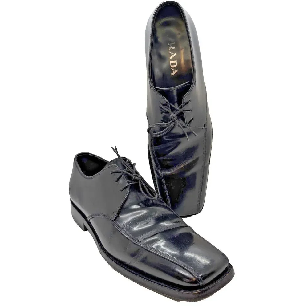 PRADA 2EE 1066 6360 Leather Square Toe Derby Oxford Dress Shoes 7.5 / US 8.5